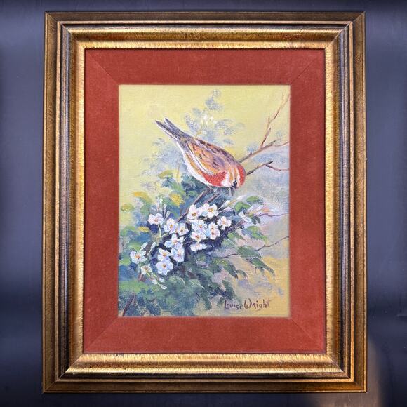 Vtg Original Bird Painting Signed Bird on Flowering Branch Louise Wright Framed - Picture 1 of 7